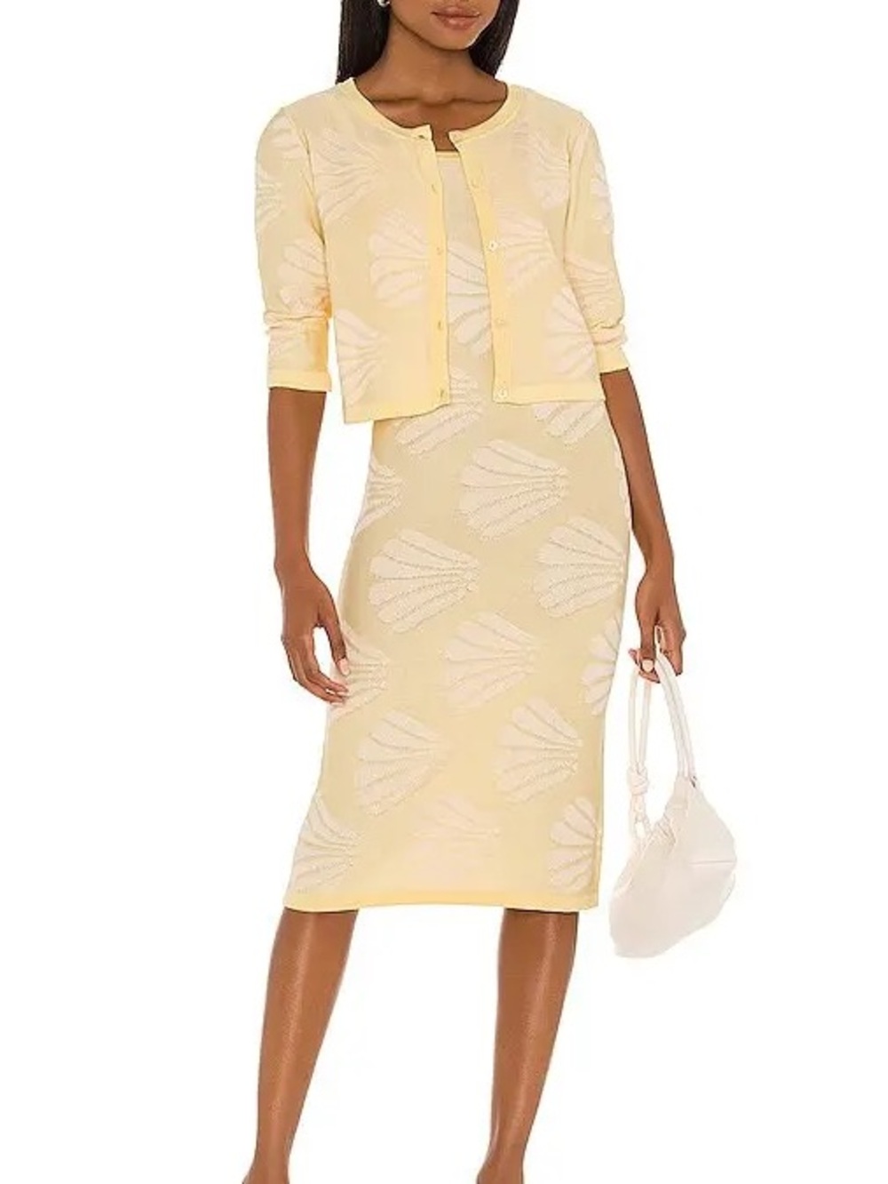 Callahann Lacey Yellow Shell-Pattern Knit Midi Skirt Set